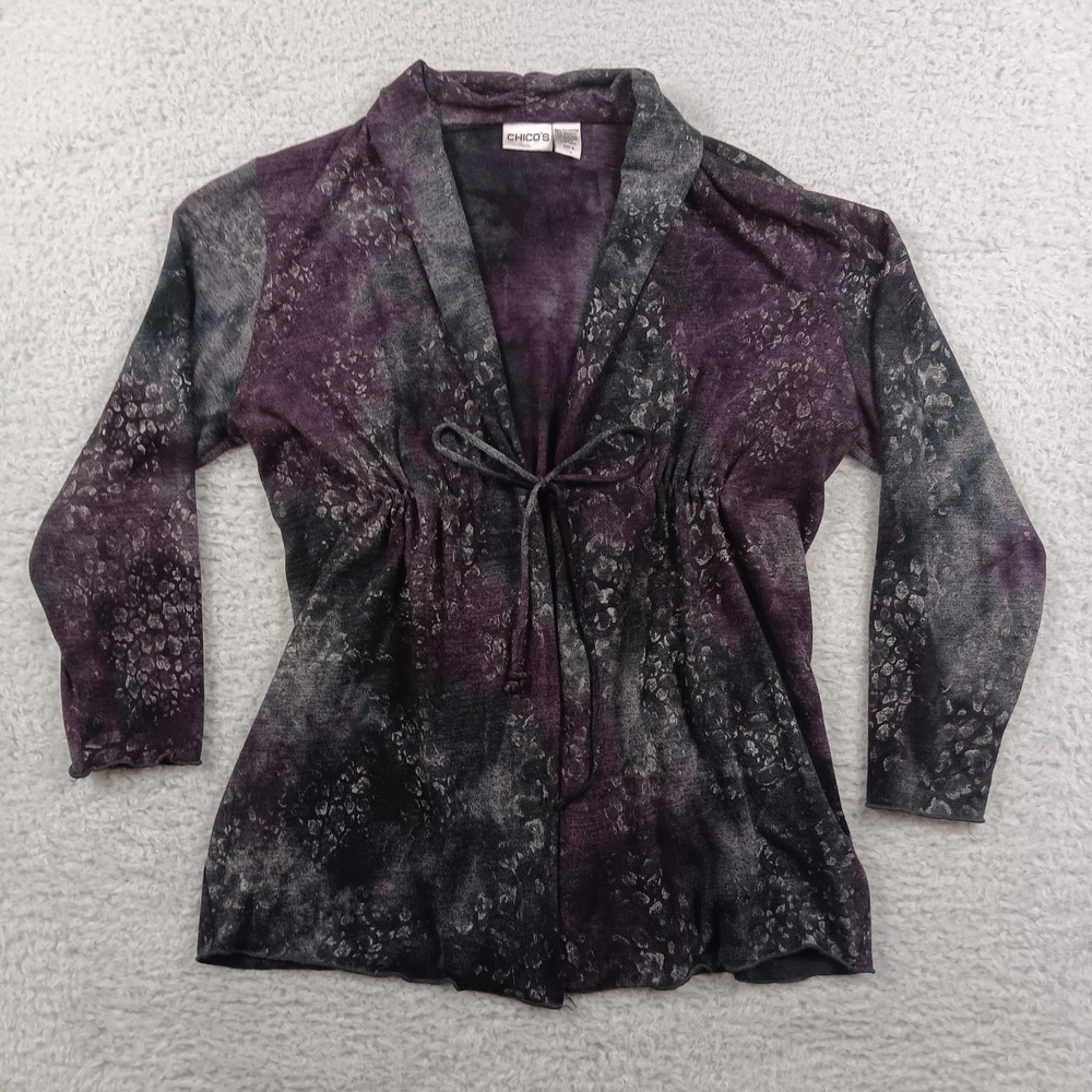 Chico's Cardigan Tie Front Woman 2 Purple Grey Abstract Animal Print RN79984